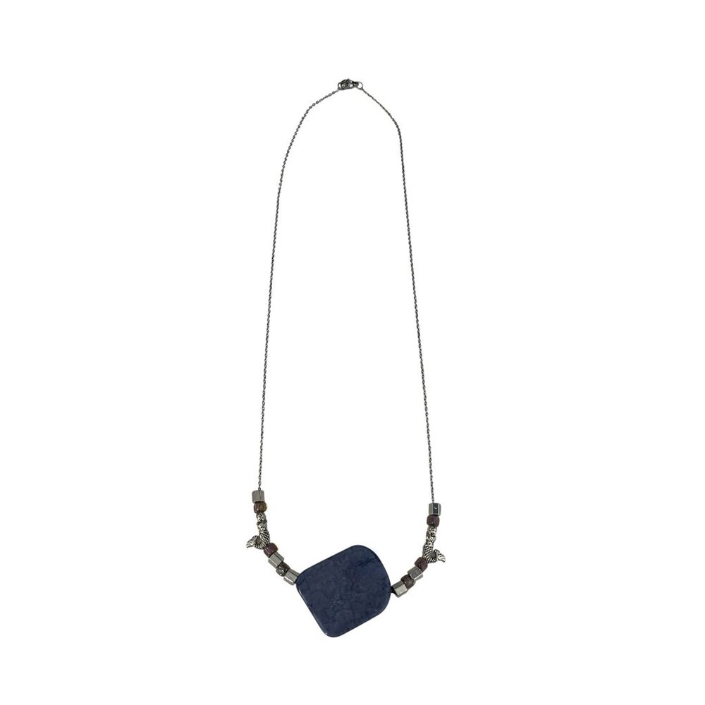 Blue Stone Mermaid Necklace Silver Tone Beaded Chain 20” Ocean Theme Boho Coasta